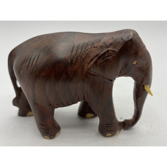 Vintage Hand Carved Elephant Wooden Sculpture Figurine Statue With Tusks 3.25 In - Picture 4 of 6